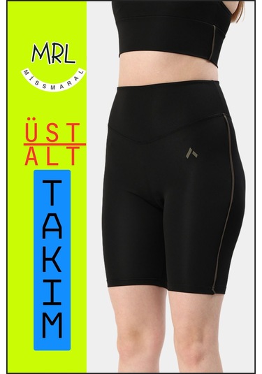 Kadın Siyah Takım Alt-üst Kısa Şort-tayt Ve Pedli Sporcu Büstiyer 2li Set Haki Renk Biyeli Elt3043 Siyah Haki