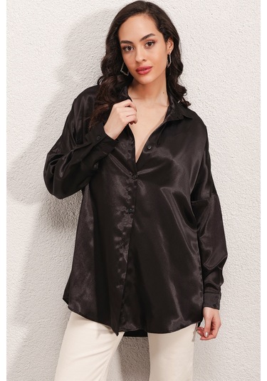 Bigdart 3985 Oversize Saten Gömlek - Siyah 001
