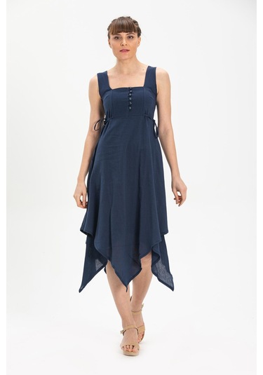 Kolsuz Şile Bezi Üçgen Katlı Midi Boy Yazlık Elbise Lacivert Lcvt Lacivert