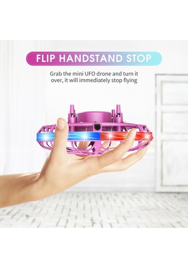 Ulzyvf Renkli Led Işıklı Mini Ufo Drone - Hareket Sensörlü, 360 Dönebilen, Çocuk & Yetişkin Hediye Pembe Pembe