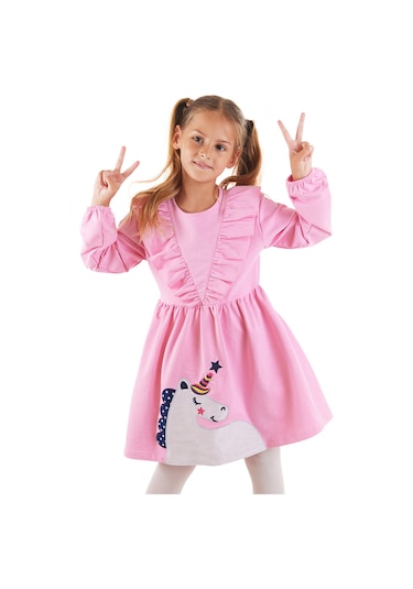 Denokids Simli Unicorn Kız Çocuk Pembe Elbise Çok Renkli