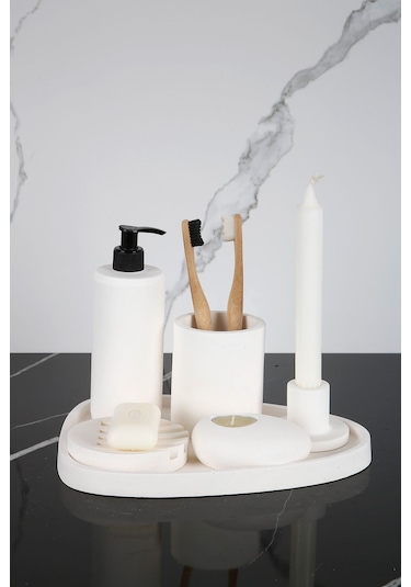 Betonmall 6 Parça Mermer Desenli Beton Banyo Seti Katı Ve Sıvı Sabunluk Mumluk Tütsülük Diş Fırçalığı - Kırıkbeyaz Kırıkbeyaz Kırık Beyaz
