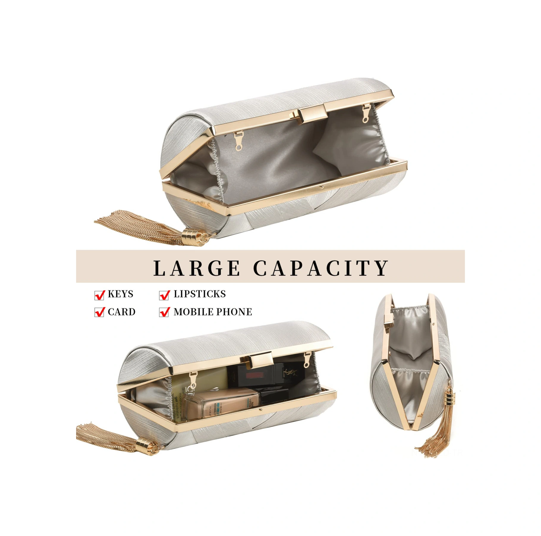 Yuntech01 Renkli İmitasyon İpek Askılı El Çantası - Metal Kanca Kapatma, 17.5x7x11.5cm, 0.41kg, 2 Metal Zincir Uzun & Kısa Çok Renkli