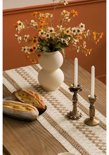 Pamuk Dantel Runner 35x145 Cm Masa Örtüsü Açık Kahve, Krem