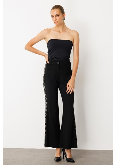 Moda İlgi Kadın Taş Şeritli Bol Paça Pantolon 0065 Siyah Siyah