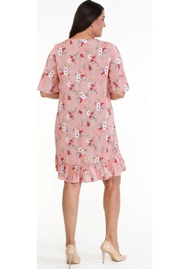 Eteği Ve Kolları Fırfırlı Desenli Elbise-352 Kırmızı