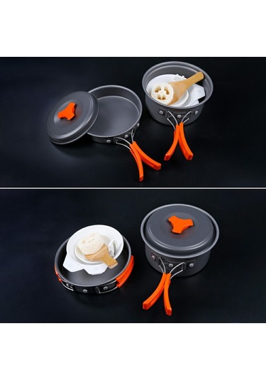 Hewolf Hw-K1342 Taşınabilir Kaymaz Saplı Tava Sıcaklığa Dayanıklı Kamp Tencere Seti 1-2 Kişi Için Çok Renkli
