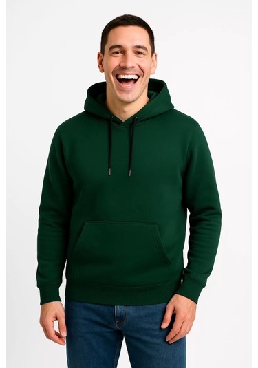 Erkek Üç İplik Kapüşonlu Kanguru Cepli Sweatshirt Hoodie - Haki Haki