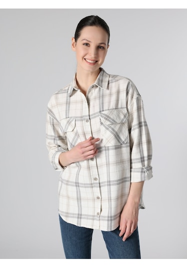 Colin's Regular Fit Çizgili Bej Kadın Uzun Kol Gömlek CL1061055_Q1.V1_BEI