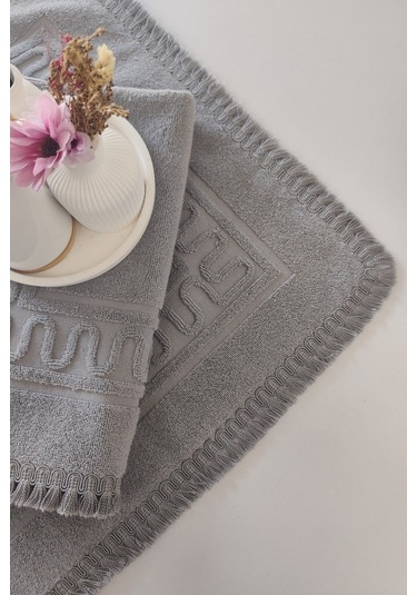 2'li Püsküllü Ayak Havlusu-%100 Pamuk-50x70 Cm-gri Gri