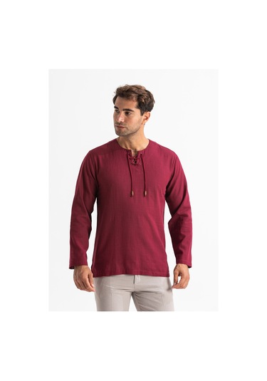Uzun Kol Şile Bezi Zımbalı Erkek Tshirt Koyu Bordo 3068 Koyu Bordo