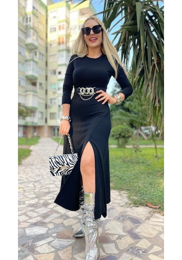 Kadın Uzun Kollu Bisiklet Yaka Yırtmaçlı Kemerli Uzun Çilek Elbise Siyah