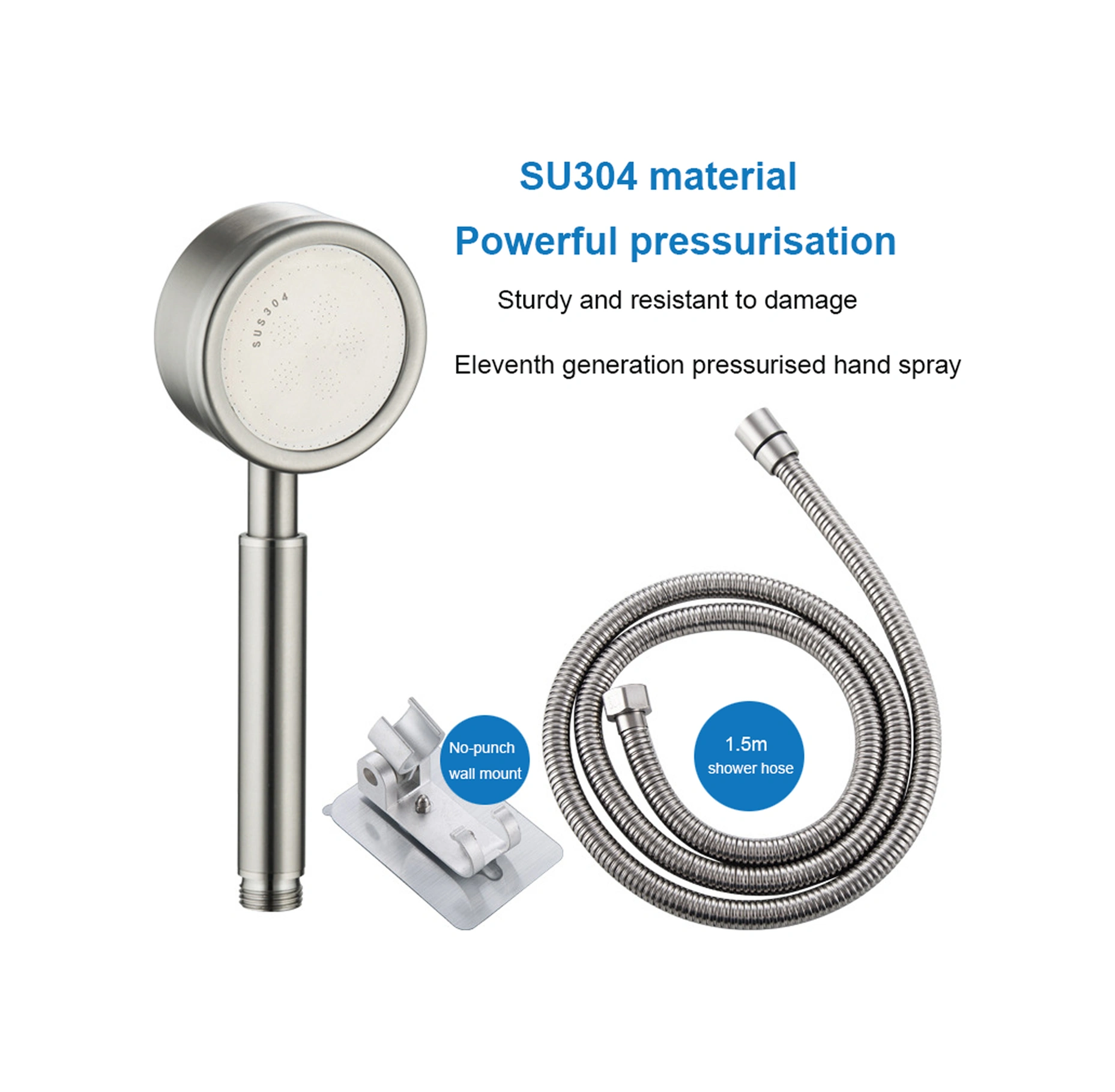 Geeroyoo Stainless Steel 304 Duş Başlığı Seti: Artırılmış Basınçlı, Kol Taylı, 1.5m Hortum Ve Deliksiz Tutucu İle Modern Banyo Aksesuarı Diğer