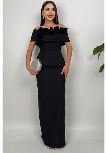 Vivenza Gül Detaylı Omuz Açık Kayık Yaka Uzun Siyah Abiye Elbise, Nişan Ve Düğün Zarafeti Siyah