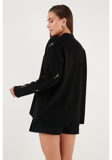 Lela Oversize Fit Desenli V Yaka Triko Bayan Hırka 4616193 Siyah