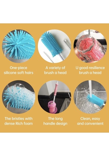 Flybuy Adet Yumuşak Bebek Biberon Ve Pipet Fırçası Temizleme Seti - Pembe/mavi