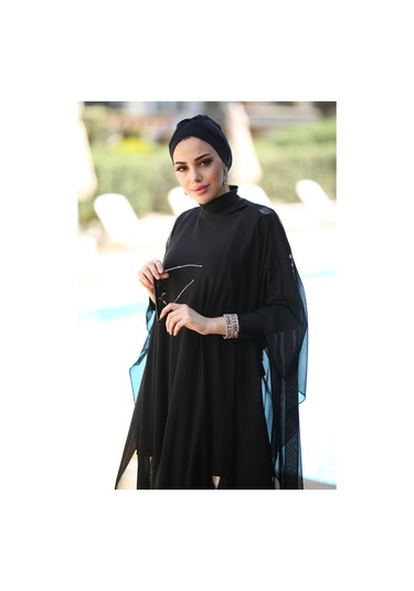 Remsa Mayo Tesettür Mayo Üzerine Desenli Tek Kaftan Pareo Rp001 Siyah Siyah