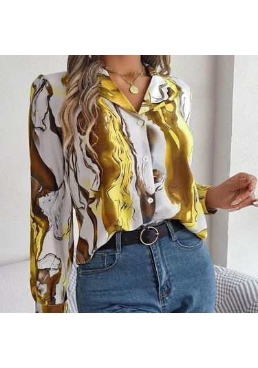 Ofis Kadın Rahat Moda Kontrast Renk Baskı Bluz Kadın Uzun Kollu Sonbahar Kış Zarif Çentikli Gömlek Elbise Tops 28621 Sarı