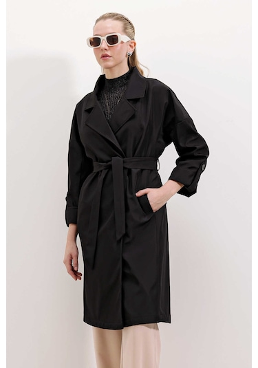 Gabria Kol Katlamalı Bağcıklı Trenchcoat Siyah