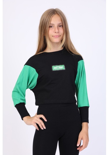 Kız Çocuk Relax Fit Bisiklet Yaka Düşük Omuz Baskılı Crop Sweatshirt - Renk Bloklu & 2 İplik Siyah