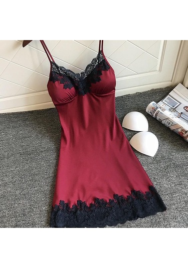 Saten Pijamalar Kadın Bayan Kıyafeti Gecelik Seksi İç Çamaşırı Göğüs Pedleri İle Şarap