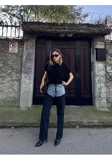 Tarzyeri Kadın Jeans Kot Parçalı Palazzo Pantolon - Siyah Beyaz