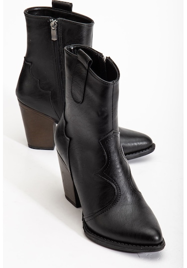 117 Siyah Kovboy Dikiş Detaylı Fermuarlı Yüksek Topuklu Günl... Siyah