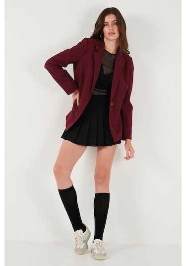 Lela Standart Fit Mono Yaka Desenli Astar Detaylı Blazer Bayan Ceket 6524003 Bordo