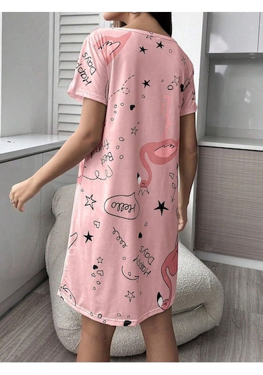 Bella Notte Pembe Baskılı Kısa Kollu Göz Bandı Hediyeli Pijama Takımı