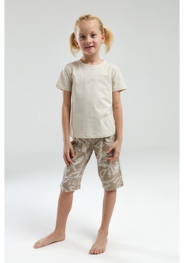 Arnetta 3301 Garson Nature Lover Kız Çocuk Bisiklet Yaka Kısa Kol Kapri Pijama Takım Bej