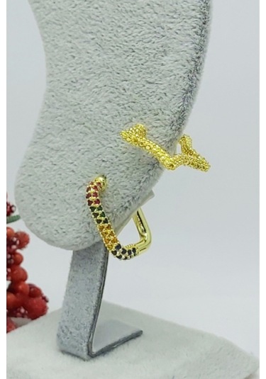 Caisyabutik Altın Kaplama Özel Seri Renkli Taşlı 2 Li Kombin Çelik Kıkırdak Altın