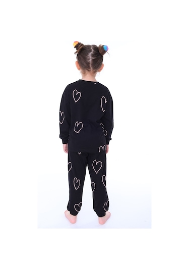 Zuzunga Minik Kalpler Desenli %100 Pamuk Kız Çocuk Pijama Takımı Siyah
