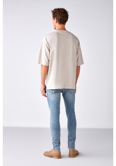 Joel Erkek %100 Organik Pamuklu Kalın Kumaşlı Özel Dokulu Etiket Detaylı Oversize Taş Rengi T-shirt