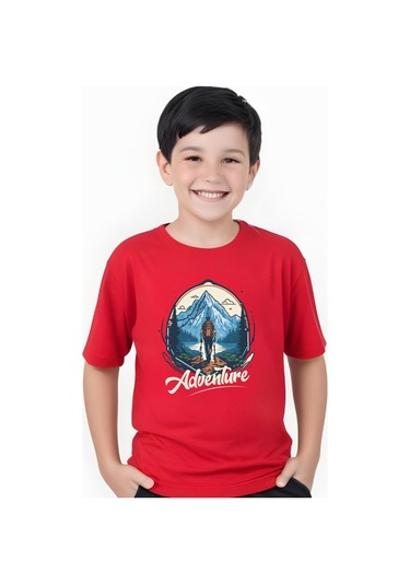 Adventure Baskılı Erkek Çocuk Yuvarlak Yaka Kısa Kollu T-shirt Kırmızı