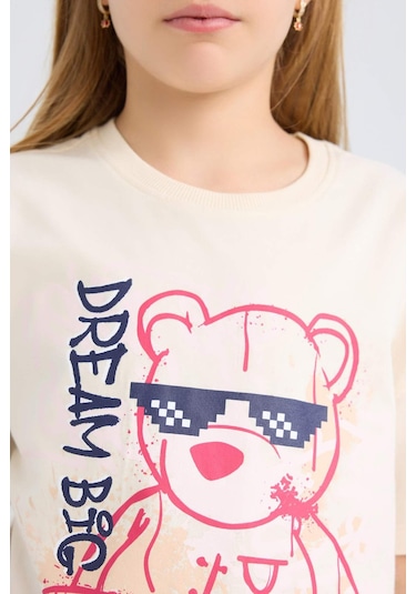 DeFacto Kız Çocuk Relax Fit Baskılı Bisiklet Yaka Kısa Kollu Tişört E0389A825SMER134 Ekru