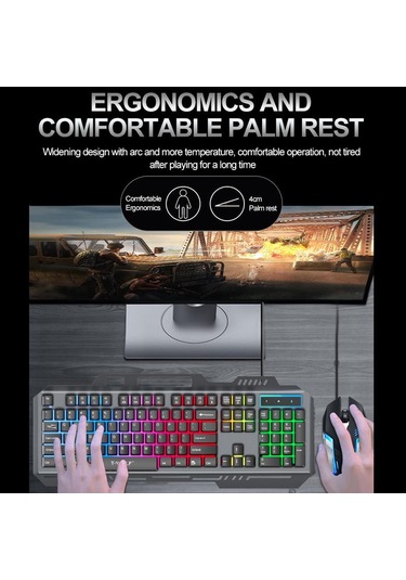 T-wolf Tf600 104 Tuşlu Kablolu Arkadan Aydınlatmalı Klavye Ve Fare Seti, Metal Panel Ve Telefon Standı İle Siyah Optik