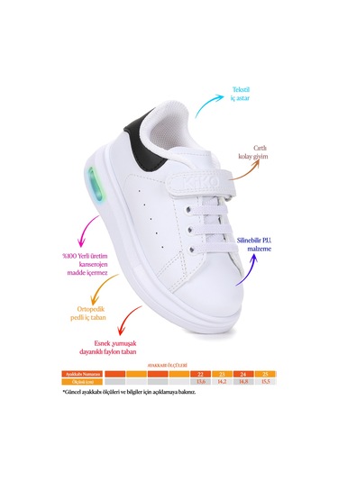 Kiko Kids Tinsa Günlük Cırtlı Işıklı Kız Bebek Spor Ayakkabı Beyaz - Siyah Beyaz - Siyah