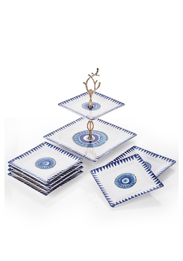 Piatti Naturali İkram Seti Nazar Çift Katlı Sunum Tabağı & 6 Lı Tatlı Tabağı