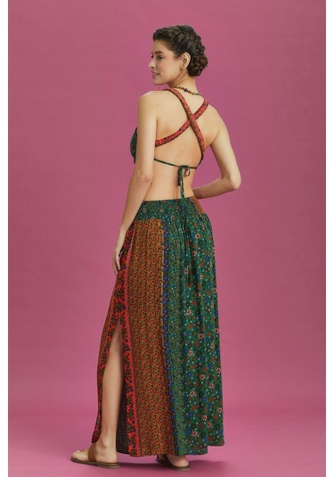 Çiçek Desenli Arka Bel Lastikli Derin Yırtmaçlı Etek 001