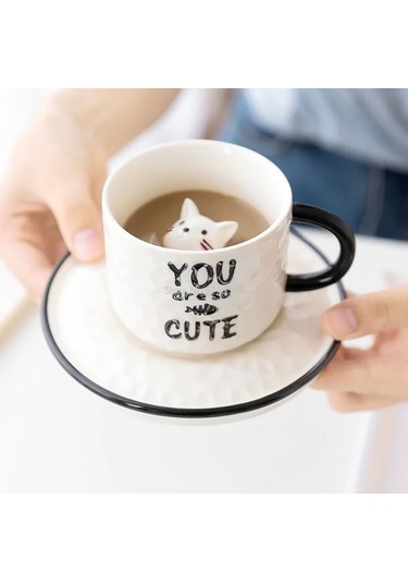 Sevimli Kedi Figürlü Kupa Bardak Tabak Set-2134