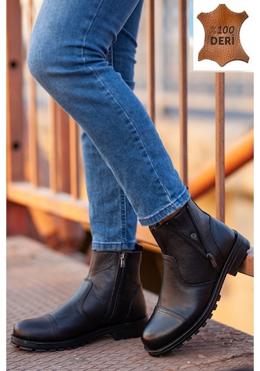D400taban Dahil Komple Kürklü Hakiki Deri Erkek Bot Siyah