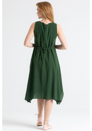 Kolsuz Şile Bezi Antik Nakışlı Midi Boy Elbise Yeşil