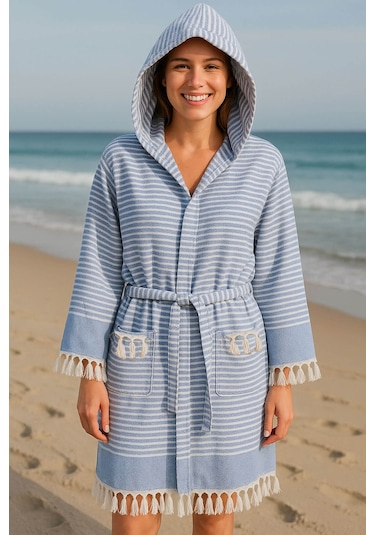 Kapşonlu Unisex Peştemal Plaj Bornozu %100 Pamuklu Seaside Stripe Mavi