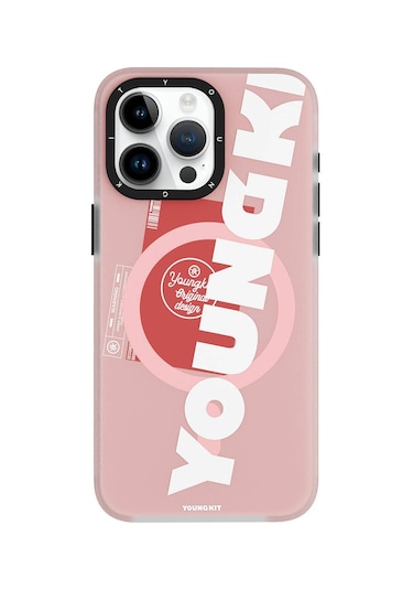 İphone 15 Pro Max Uyumlu Kılıf Magsafe Şarj Özellikli Youngkit Binfen Serisi Yazı Temalı Kapak Pembe