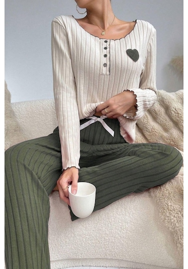 Bella Notte Nakışlı Yeşil Pamuklu Kalp Detaylı Pijama Takımı Haki