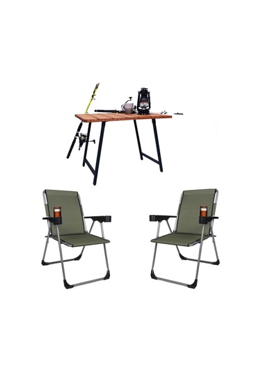 Alin Metal 2''li Lüks Bardaklı Kamp Sandalyesi Ve Masa Set Haki Haki