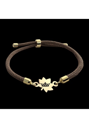 Kraliçe Temalı 14 Ayar Altın Plakalı Yaprak Figürlü Örgülü Hediye Bileklik-331sembol-kahverengi Altın