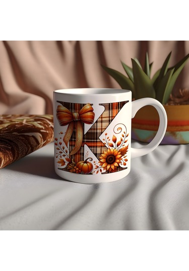 K Harfi Ekose Ve Sonbahar Temalı Kupa Bardak - Kişiye Özel Sıcak Tonlar Alfabe Kupa - Hediye Beyaz