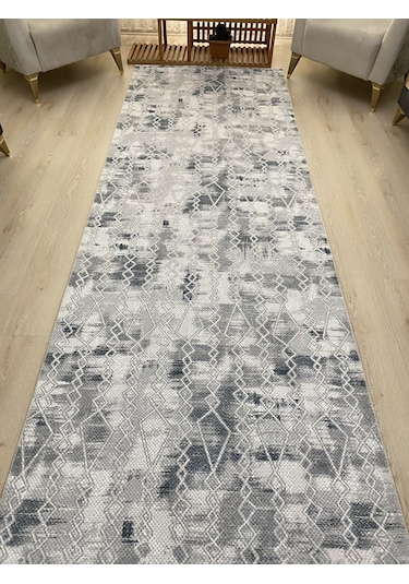 Premium Gri Mavi Kaymaz Tabanlı Kesme Yolluk Koridor Mutfak Salon Halısı Yüksek Kalite
