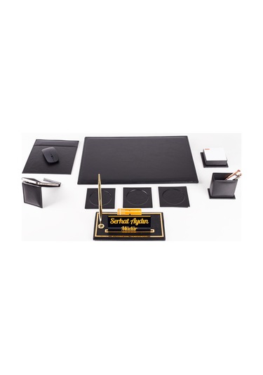 Optima 9 Parça Siyah Deri Sümen Seti Takımı Gold Kalem Ofis Masa İsimliği Kalite Masa Sümeni İsimlik
